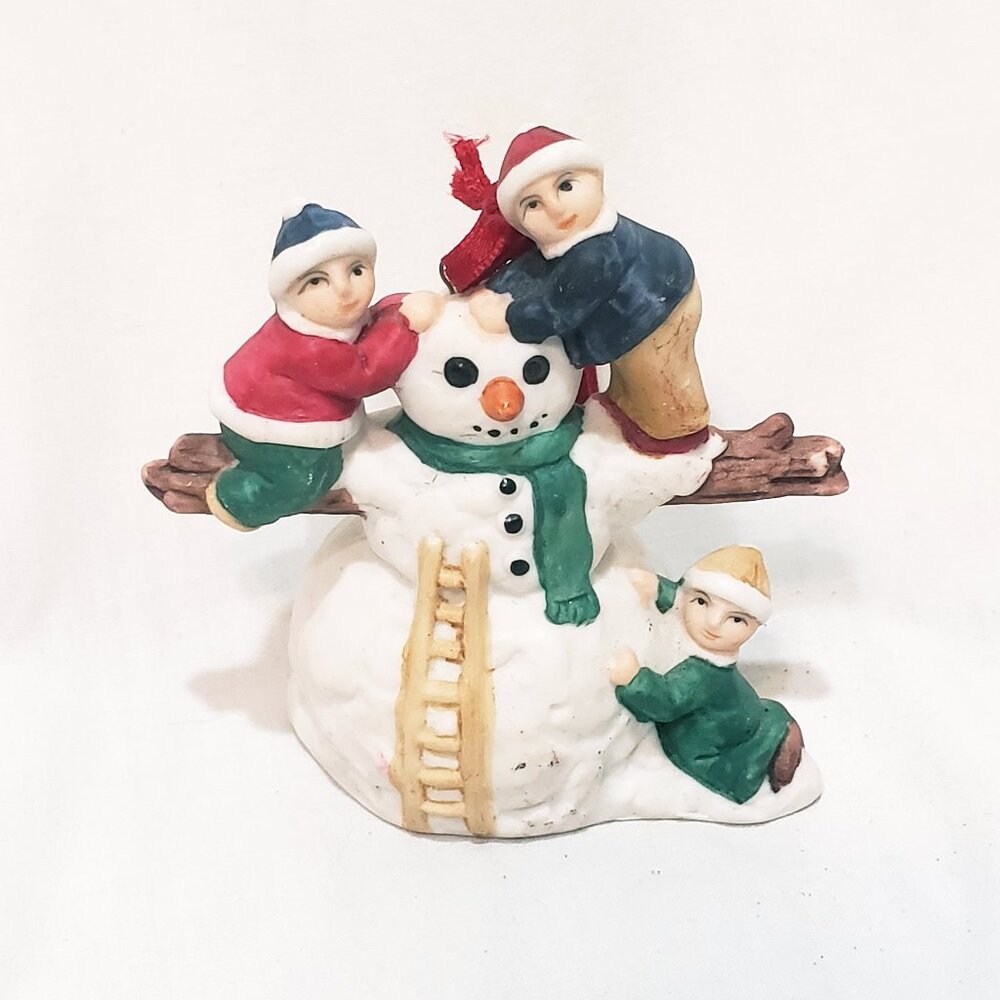 Christmas Village Children Building Snowman Ornament 3" Porcelain R.O.C. Winter